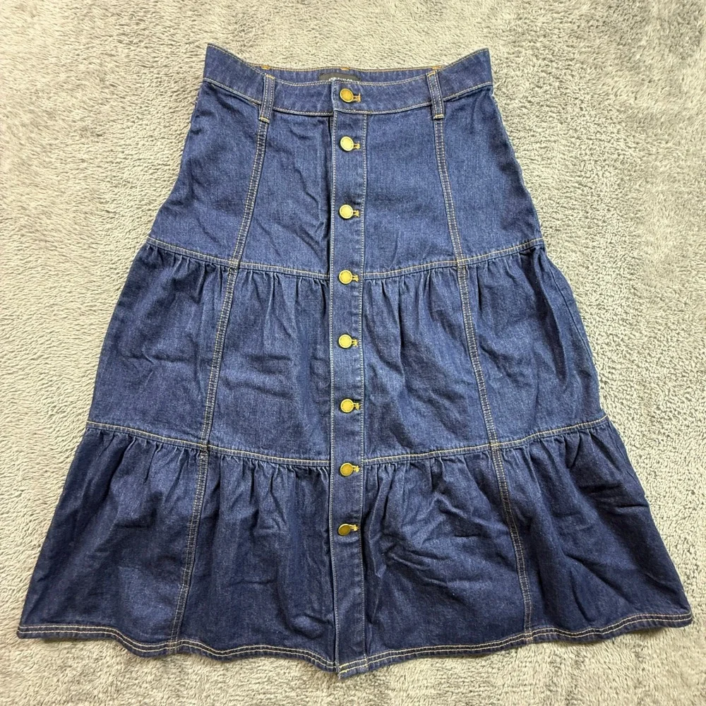 Ann Taylor Denim Skirt Womens 0 Blue EXC Tiered A-Line Button Front Boho